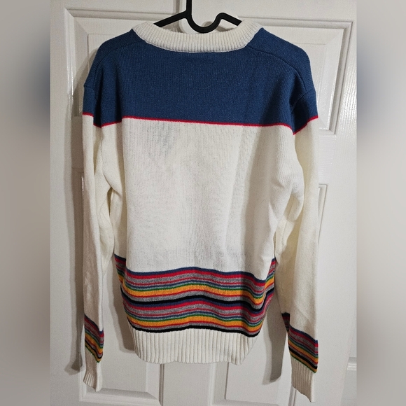 Vintage Jantzen M White Rainbow Stripe Argyle V Neck Sweater 80s Preppy Ski Knit - Picture 3 of 6